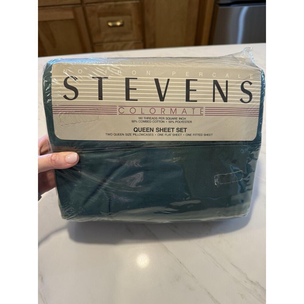 Vintage Steven’s Geometric Dark Green Queen Sheet Set Sheets 80s 90s New!
